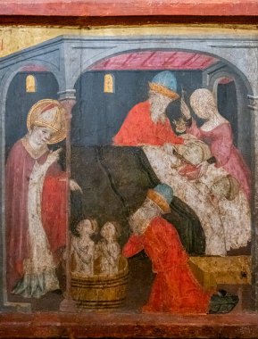 Öğrencilerin dirilişi, Aziz Nicholas sunağı, Gabriel Moger, 1407-1410, ağaç, Roser Vell kilisesi, Mayorka, İspanya