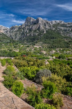 Biniaraix, arka planda dağlarla bahçeler Soller vadisi rotası, Mallorca, Balearic Adaları, İspanya