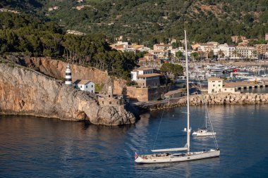 ship entering Soller port, Mallorca, Balearic Islands, Spain