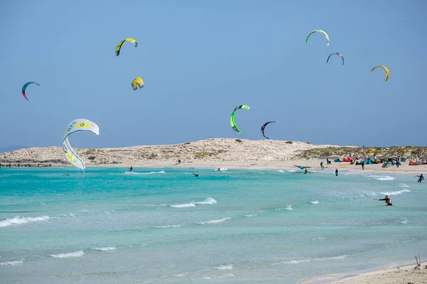 stock image kitesurfing on Illete beachFormentera, Pitiusas Islands, Balearic Community, Spain