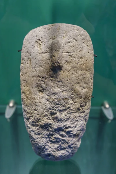 stock image monolithic figure in schematic relief, Chanka culture, silo IV-VIII after Christ, carved gray granite, Sa Bassa Blanca Museum (msbb