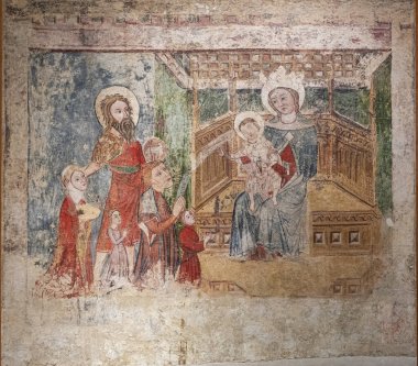 Vaftizci Yahya tarafından sunulan bağışçılar ailesi, Ipas duvar resimleri, XV yüzyıl, fresk sökülüp tuvale aktarıldı, Ipas Leydisi, Diocesan Jaca Müzesi, Huesca, İspanya 'dan geldi.