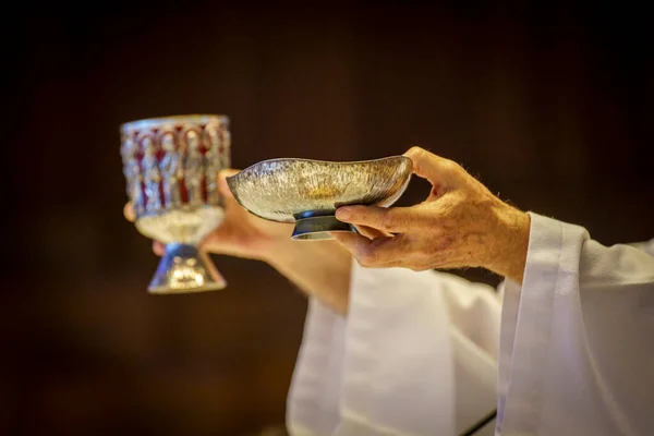 Elements Eucharist Sacramental Bread Sacramental Wine Church Porcincula Majorca Balearic — Stock Photo, Image