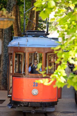 Soller Mallorca.Balearic Adaları 'nda ağaçlar arasında liman tramvayı dolaşır. İspanya.