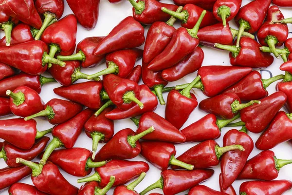 pimientos de la variedad local Tap De Corti, mercado al aire libre, Porreres, Mallorca, Islas Baleares, İspanya.