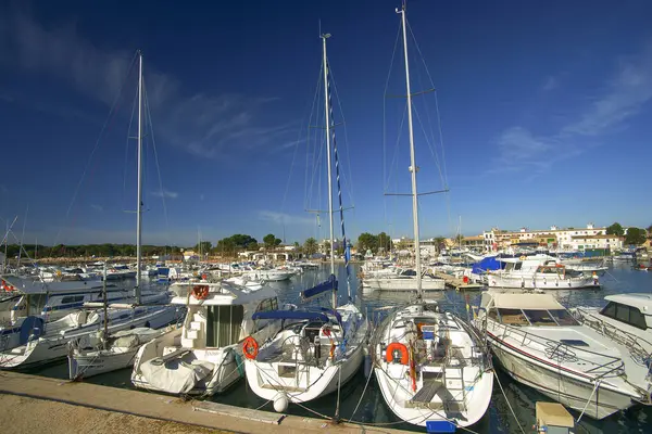 stock image ponts with recreational boats, Estanyol marina, Llucmajor, Mallorca, Balearic Islands, Spain