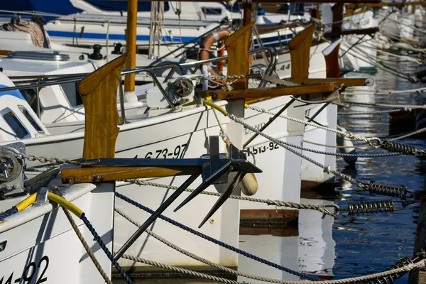 stock image ponts with recreational boats, Estanyol marina, Llucmajor, Mallorca, Balearic Islands, Spain