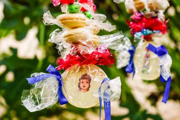 stock image Rosari Ensucrat - sweet rosary, bonbons, caramelized and pumpkin, typical of the All Saints' Day, Mallorca, Balearic Islands, Spain