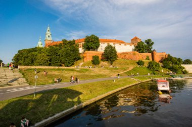 barges on the Vistula river, Wawel castle and hill, Krakow, Poland,  eastern europe clipart