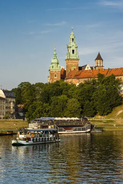 stock image barges on the Vistula river, Wawel castle and hill, Krakow, Poland,  eastern europe