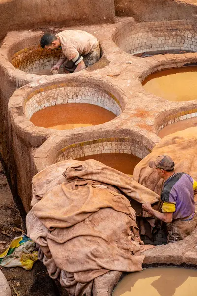 stock image dyers working, Chouwara tannery , Medina Fez el-Bali. Fez , Morocco, Africa