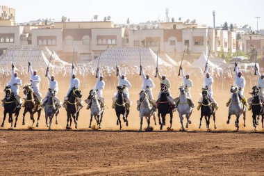 Dört nala koşan atlar, geleneksel festival, Fantasia, Tbourida, Fez, Fas, Afrika