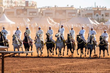 Dört nala koşan atlar, geleneksel festival, Fantasia, Tbourida, Fez, Fas, Afrika