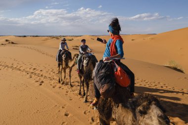 Erg Chebbi, Merzouga, Taffilalet, Fas, Afrika 'da turist deve kervanı