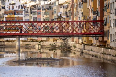 iron bridge and houses of the Onyar river, designed by Manuel Almeda and Alexandre-Gustave Eiffel, Girona, Catalonia, Spain clipart