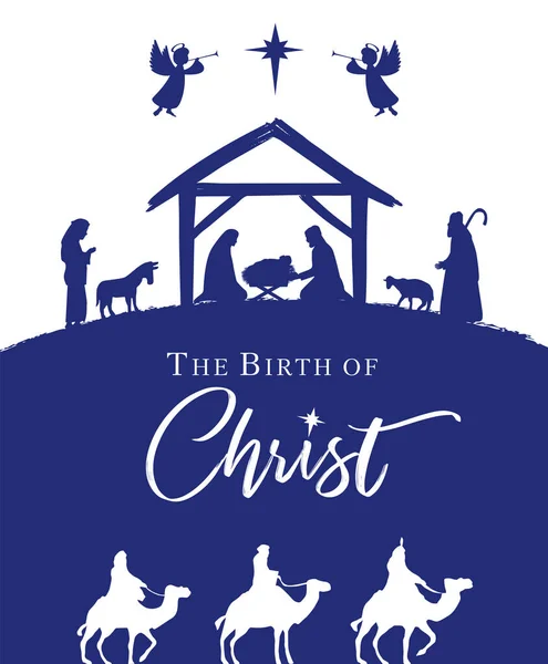 基督的诞生 圣诞耶稣诞生的场景 带有马槽和字母 马利亚 和小耶稣 在一个马槽里 伯利恒的星 三个有智慧的人 圣夜矢量图解 — 图库矢量图片