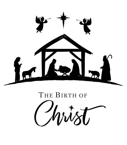 基督的诞生 圣诞耶稣降生的场景是黑色的 谢泼德 马利亚 约瑟和小耶稣在马槽里 与伯利恒的明星和天使合影 矢量说明 — 图库矢量图片