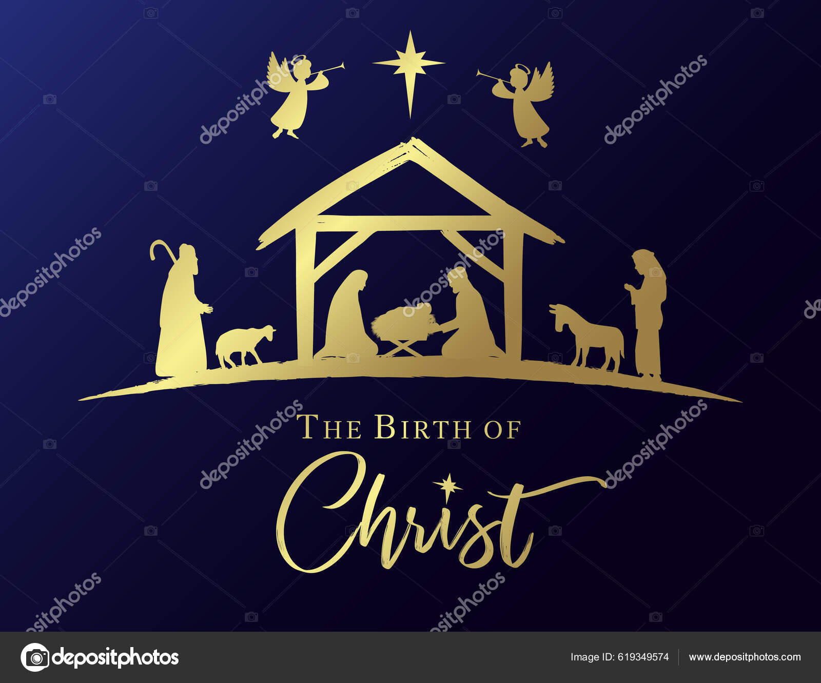 基督的诞生圣诞耶稣诞生场景金卡马利亚小耶稣在马槽里牧人在剪影里天使和伯利恒之星矢量说明图库矢量图©Koltukov_Alek 619349574, image size:1600x1331