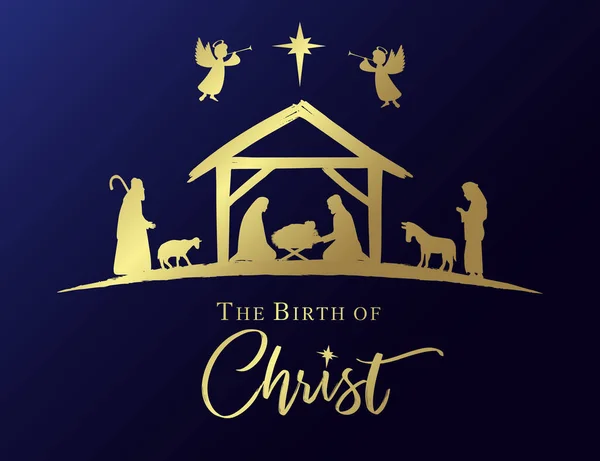 基督的诞生 圣诞耶稣诞生场景金卡 马利亚 小耶稣在马槽里 牧人在剪影里 天使和伯利恒之星 矢量说明 — 图库矢量图片