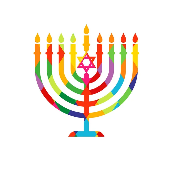 Hanukka Menorah デビッドスターと色ステンドグラスの紋章 ユダヤ人の休日 伝統的なChankahカラフルなシンボルキャンドルとハッピーHanukkaグリーティングカード ベクターイラスト — ストックベクタ