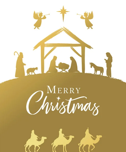 圣诞快乐的金色圣诞场景与神圣的家庭和书法 马利亚 小耶稣 和天使 伯利恒之星在剪影中的智慧人 矢量说明 — 图库矢量图片