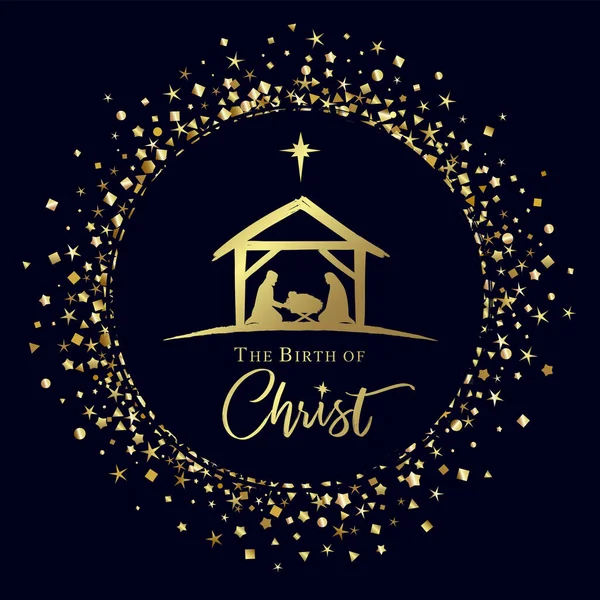 Birth Christ Nativity Scene Golden Circle Glitter Confetti Merry Christmas — Stock Vector