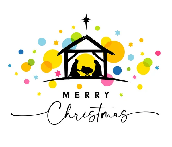 圣诞祝福卡上有优雅的字母和彩色的星星 圣母玛利亚 约瑟夫 伯利恒之星 在马槽里的耶稣诞生场景 矢量说明 — 图库矢量图片