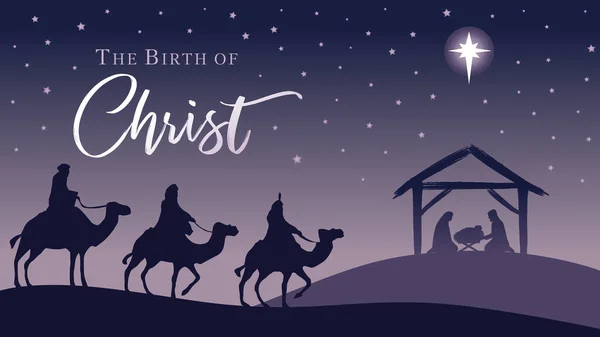Kerststal Silhouet Jezus Kribbe Wijzer Bethlehem Ster Drie Koningen Kamelen — Stockvector