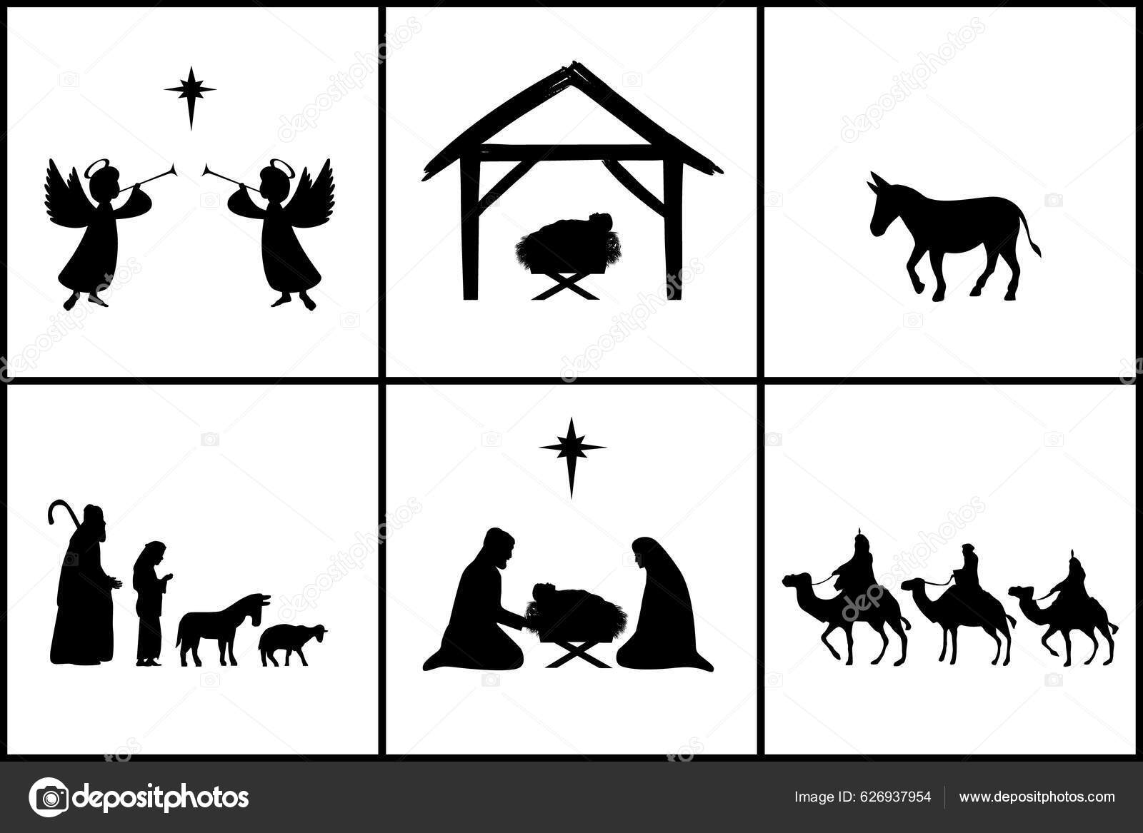 基督降生的圣诞假期设置在轮廓耶稣在马槽里马利亚牧人和伯利恒之星矢量说明图库矢量图©Koltukov_Alek 626937954, image size:1600x1167