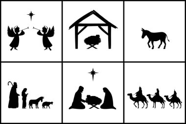 İsa 'nın doğuşu Noel tatili siluetlerle ayarlandı. Yemlikte İsa, Meryem, Yusuf, melekler, bilgeler, çobanlar ve Beytüllahim yıldızı. Vektör illüstrasyonu