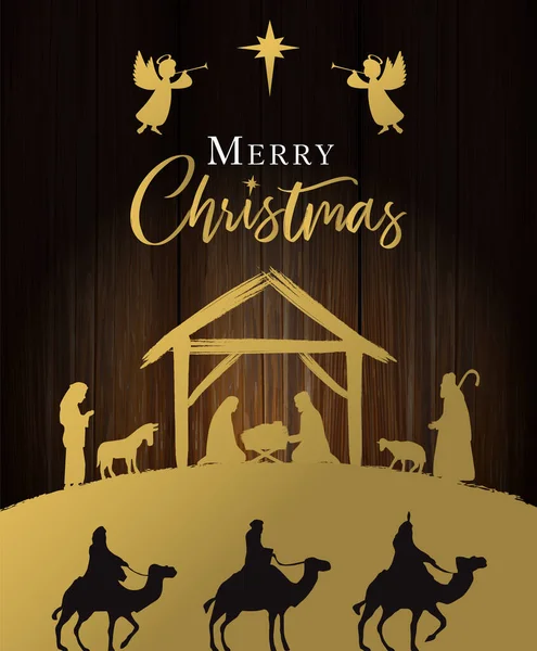 金色圣诞场景与神圣的家庭和圣诞快乐书法木制纹理 耶稣在马槽里 马利亚 智慧人 伯利恒之星 矢量说明 — 图库矢量图片