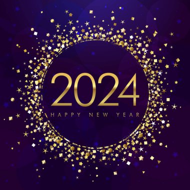 2024 Mutlu Yıllar tebrik kartı konsepti. Parlayan altın top, 20 numara 24. İzole grafik tasarım şablonu. Yaratıcı dekorasyon. Tatil bongası. Altın tozu.