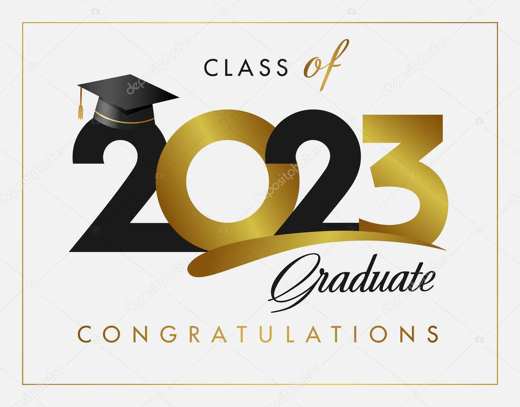 Diploma design elements for graduation class of 2023. Cover concept. Prom invitation or greeting card, banner idea. Isolated graphic template. 20 23 golden number and 3D academic hat.