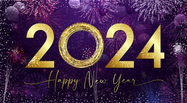 Golden shiny number 2024 and handwritten style text. A Happy New year greeting card concept with glittering background. Christmas night eve celebrating poster. Isolated elements. Graphic design.