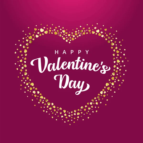 Happy Valentines Day lettering in golden heart. Happy Valentine's Day text and romantic pink background for greeting cards or posters design. Vector illustration