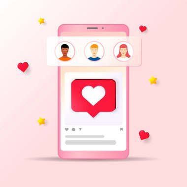 Sevgililer Günü ya da çöpçatanlık sitesi için sosyal medya iletişim konsepti. Akıllı telefon ve sosyal medya ikonlarıyla Sevgililer Gününüz kutlu olsun. Vektör illüstrasyonu