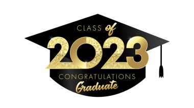 2023 class of Congratulation Graduate on black square academic cap. Stylish gold 20 and 23 digits and calligraphy for Graduation poster or banner. Vector illustration