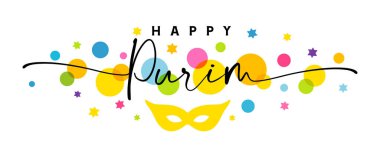 Happy Purim greetings card with elegant lettering and colored David stars. Chag Purim Sameach, traditional jewish holiday. Vector illustration clipart