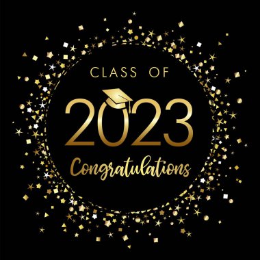 Class of 2023 graduation poster with gold glitter confetti and academic hat. Template for design party high school or college, graduate invitations or banner. Vector illustration clipart