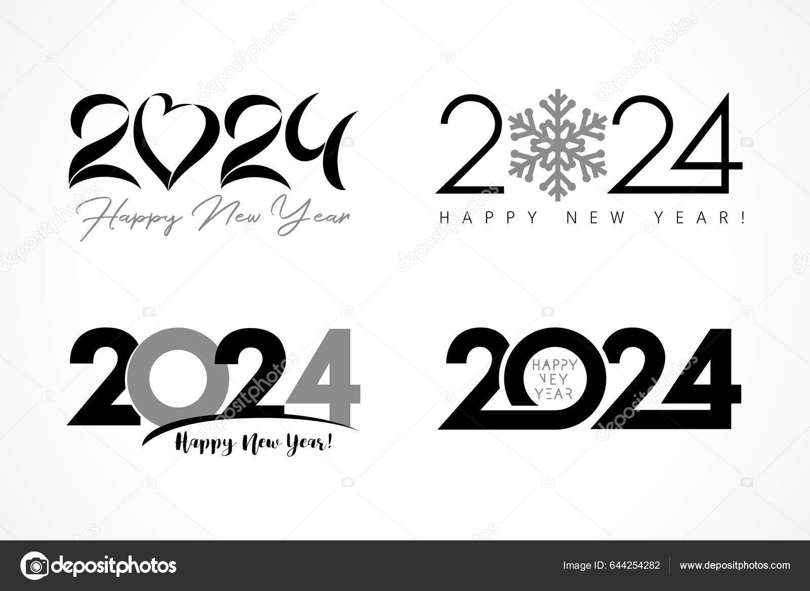 Big Set 2024 Text Design Logo Snowflake Heart Inscription Happy Stock