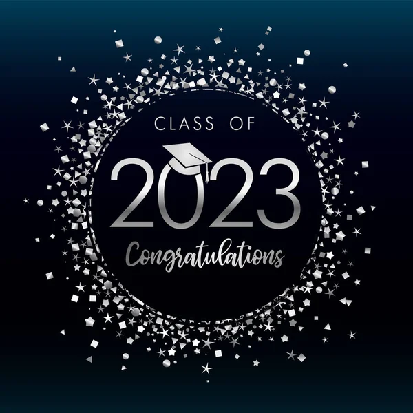 Třída 2023 Gratulujeme Černému Kruhu Stříbrnými Třpytivými Konfetami Absolvent Roku — Stockový vektor