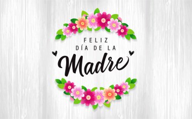 Tahta tahtalarda ve çiçek dallarında Feliz dia de la Madre yazıtları. İspanyolca mesaj - Anneler Günün kutlu olsun. Anneler Günü tatili için zarif bir el yazısı. Vektör illüstrasyonu