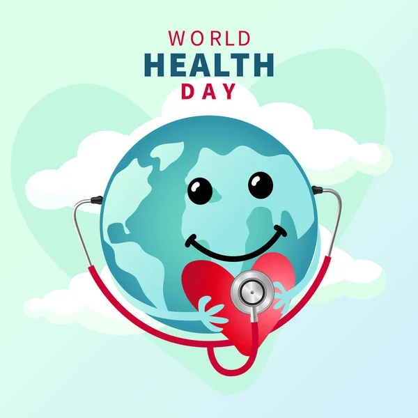 Journée Mondiale Santé Illustration Sourire Planète Avec Cœur Stéthoscope Bonne — Image vectorielle