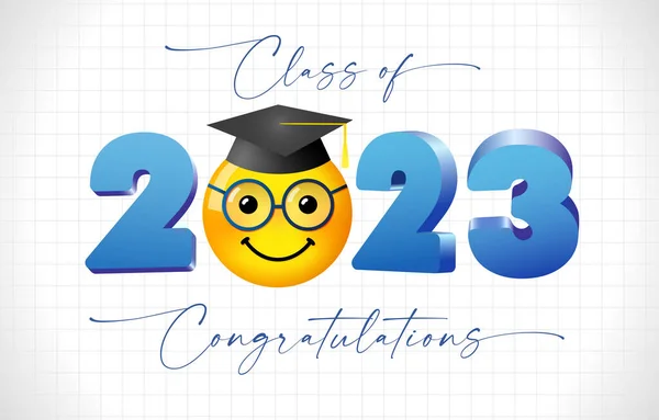 2023創造的なバナーの卒業クラス 正方形の帽子の絵文字アイコン 卒業式のためのデザイン 創造的な3D番号 孤立した要素 現代風タイポグラフィ — ストックベクタ