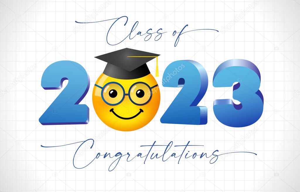 Graduating class of 2023 creative banner. Emoji icon with square hat. Design for school graduation celebrating event. Creative 3D number. Isolated elements. Modern style typography.