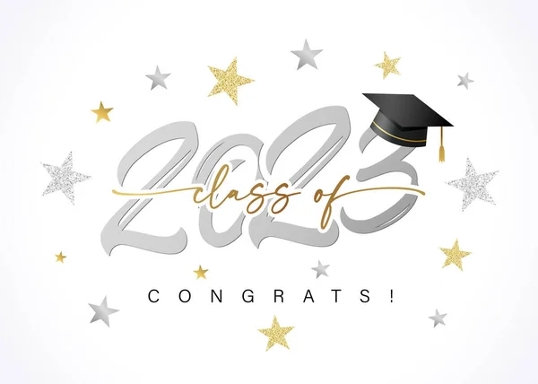 2023クラスのおめでとう 銀のロゴテキストデザインと星 おめでとうございます卒業2023正方形の学術キャップと数字で年 ベクターイラスト — ストックベクタ