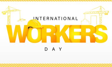 Uluslararası İşçi Bayramı tipografi afişi, 1 Mayıs. İnşaat vinci ve sarı miğferli İşçi Bayramı için vektör çizimi