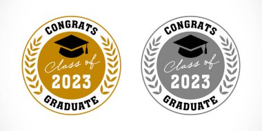 2023 Eğitim Madalyası Altın ve Gümüş Sınıfı. Tebrikler, 2023 yılı rozet tasarımı, rakamlar ve kare akademik şapkayla mezun oldun. Vektör illüstrasyonu