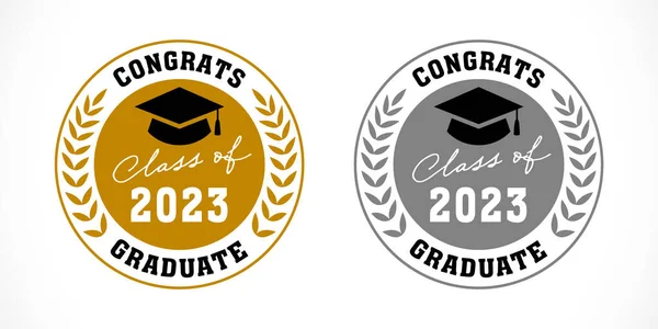 2023 Class of educational medal gold and silver. Congratulations graduate 2023 year badge design with numbers and square academic cap. Vector illustration
