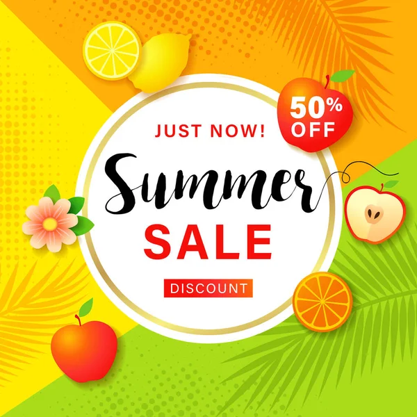 夏季销售 几何横幅与热带水果和棕榈叶 矢量说明 — 图库矢量图片